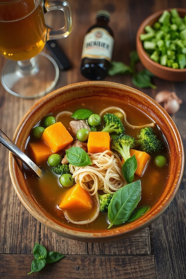 beer infused vegetable noodle soup